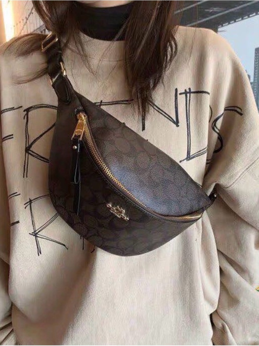 Coach Brown/Black Signature Canvas Belt Bag with Gold Hardware
